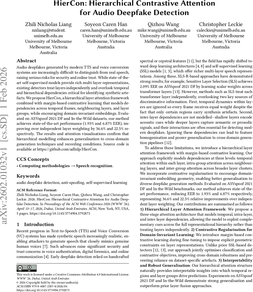 HierCon: Hierarchical Contrastive Attention for Audio Deepfake Detection