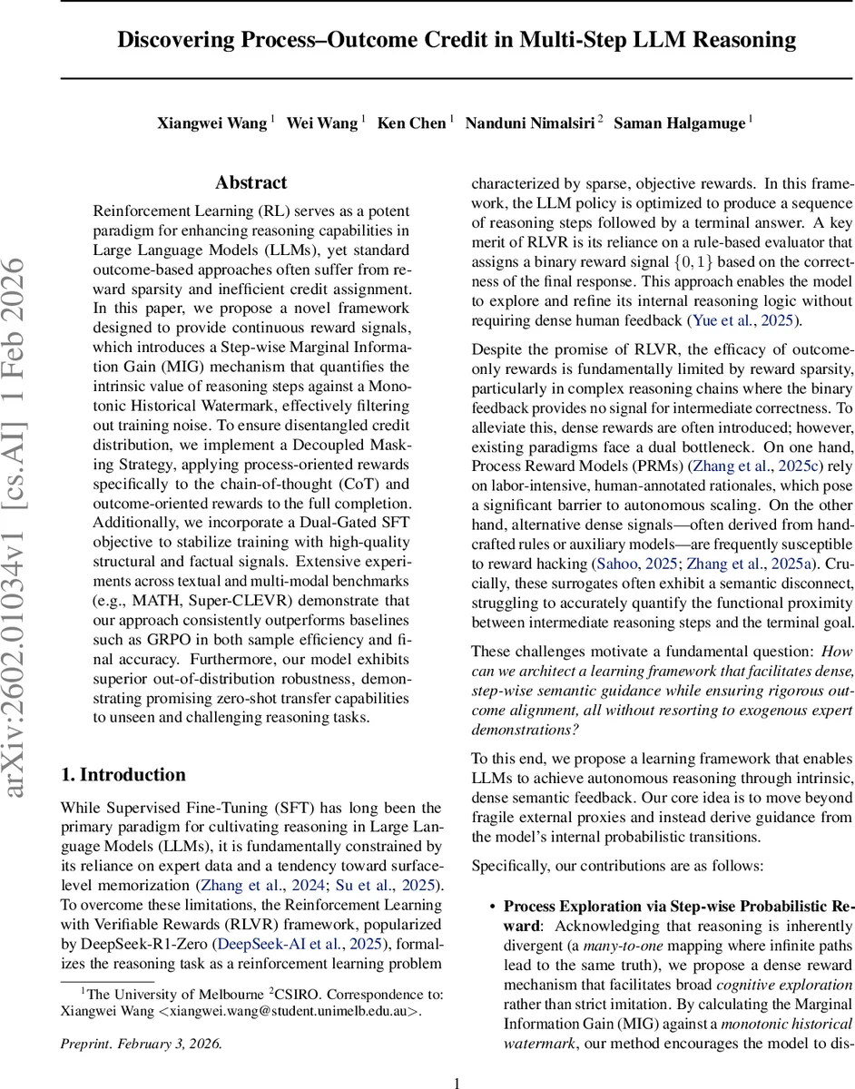 Discovering Process-Outcome Credit in Multi-Step LLM Reasoning