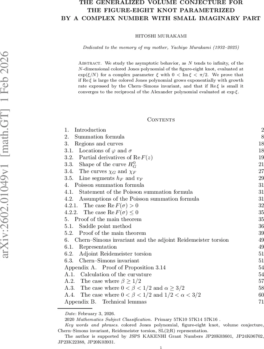 The generalized volume conjecture for the figure-eight knot parametrized by a complex number with small imaginary part