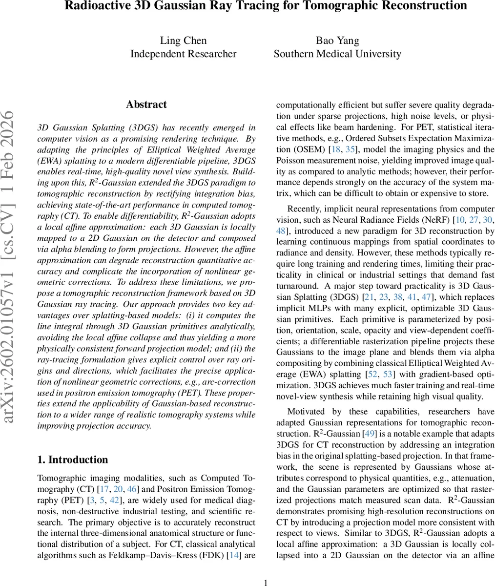 Radioactive 3D Gaussian Ray Tracing for Tomographic Reconstruction