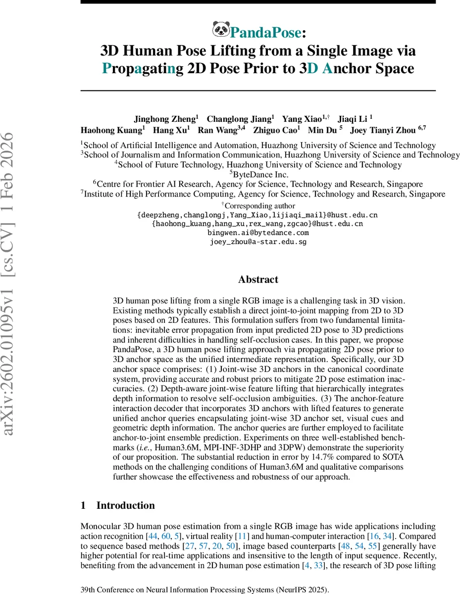 PandaPose: 3D Human Pose Lifting from a Single Image via Propagating 2D Pose Prior to 3D Anchor Space