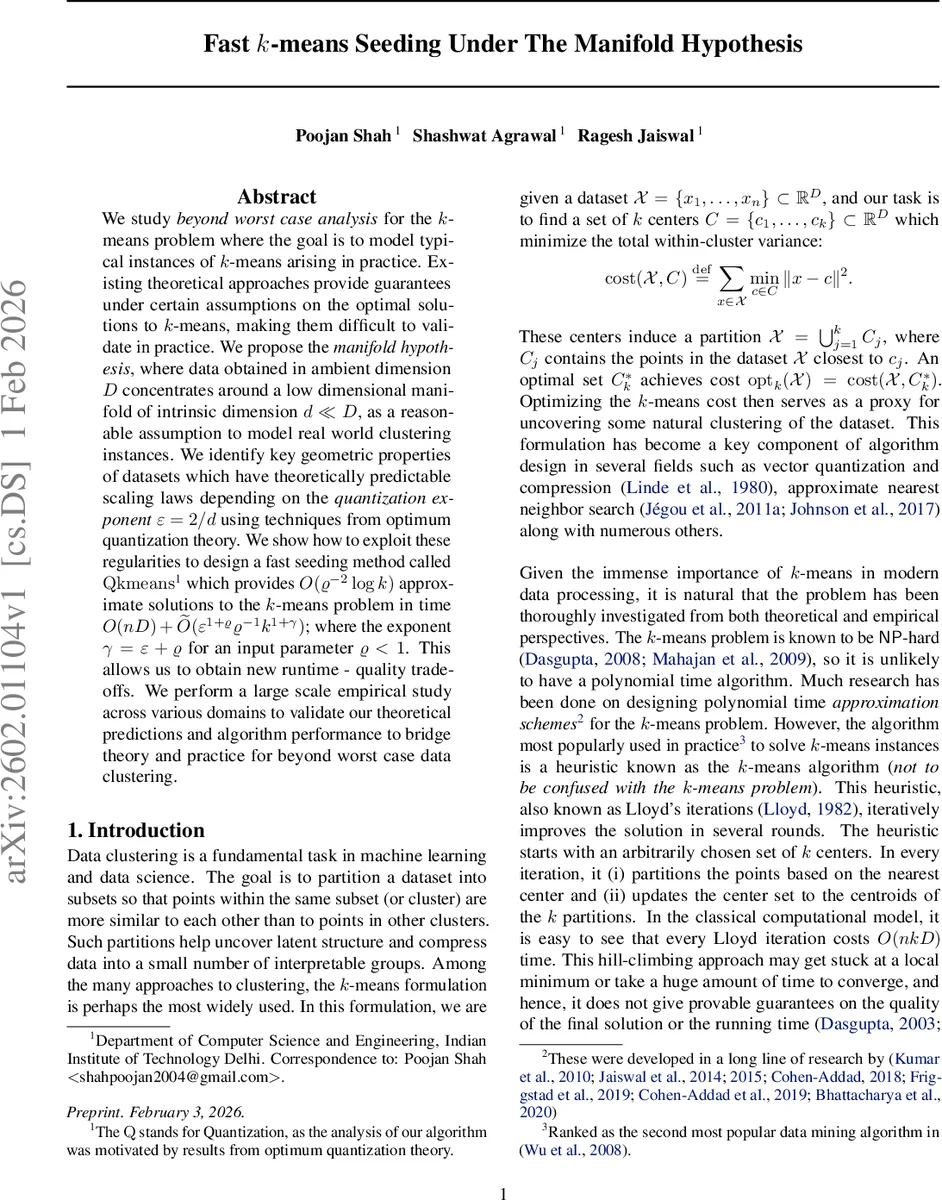 Fast $k$-means Seeding Under The Manifold Hypothesis