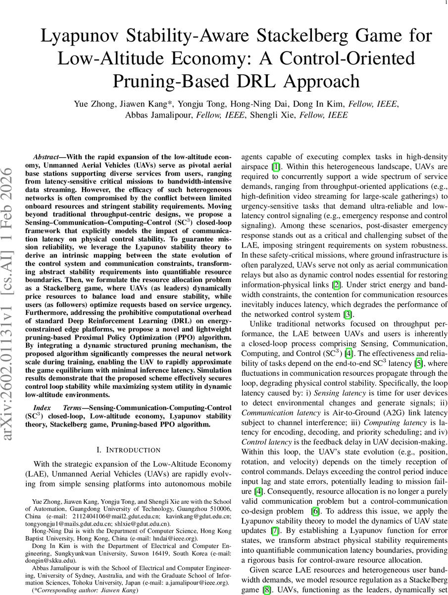 Lyapunov Stability-Aware Stackelberg Game for Low-Altitude Economy: A Control-Oriented Pruning-Based DRL Approach