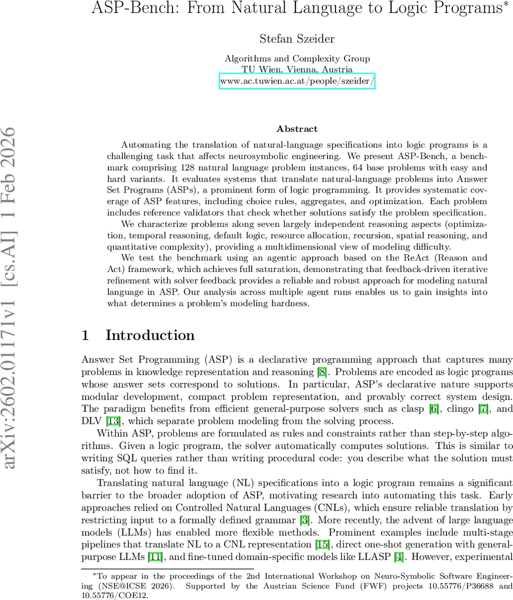 ASP-Bench: From Natural Language to Logic Programs