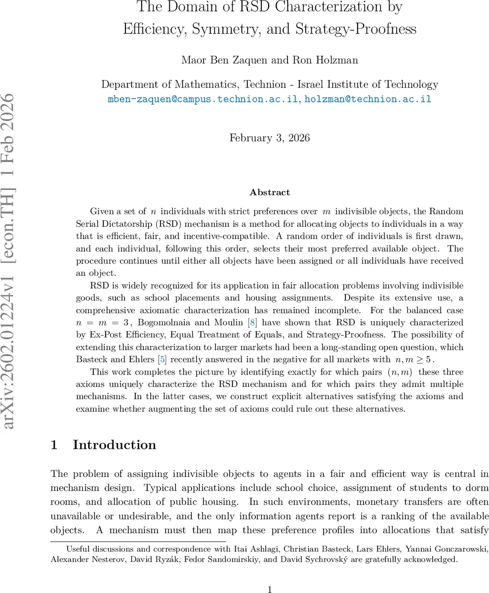 The Domain of RSD Characterization by Efficiency, Symmetry, and Strategy-Proofness