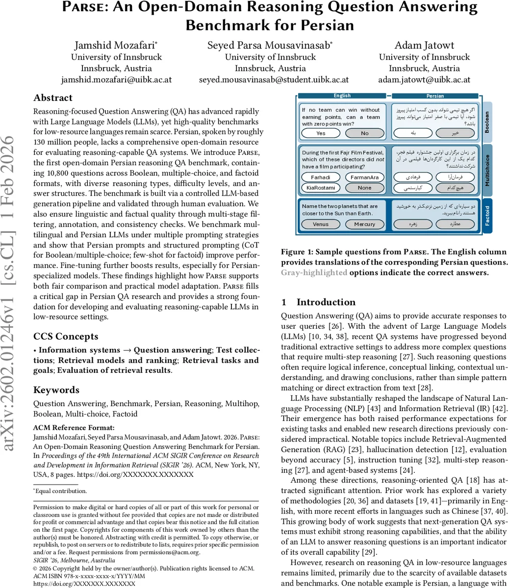 PARSE: An Open-Domain Reasoning Question Answering Benchmark for Persian