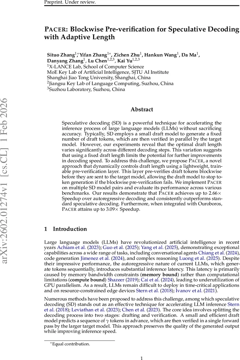 PACER: Blockwise Pre-verification for Speculative Decoding with Adaptive Length