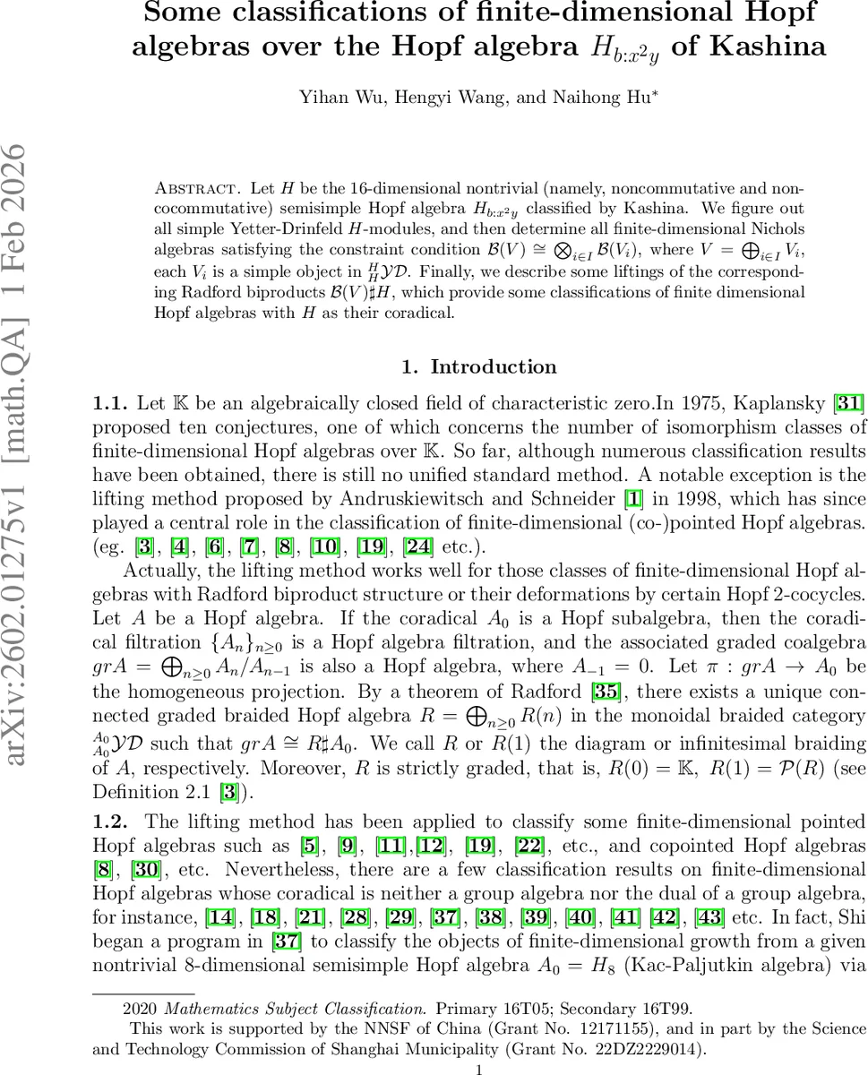 Some classifications of finite-dimensional Hopf algebras over the Hopf algebra $H_{b:x^2y}$ of Kashina