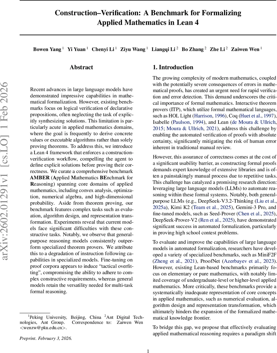 Construction-Verification: A Benchmark for Applied Mathematics in Lean 4