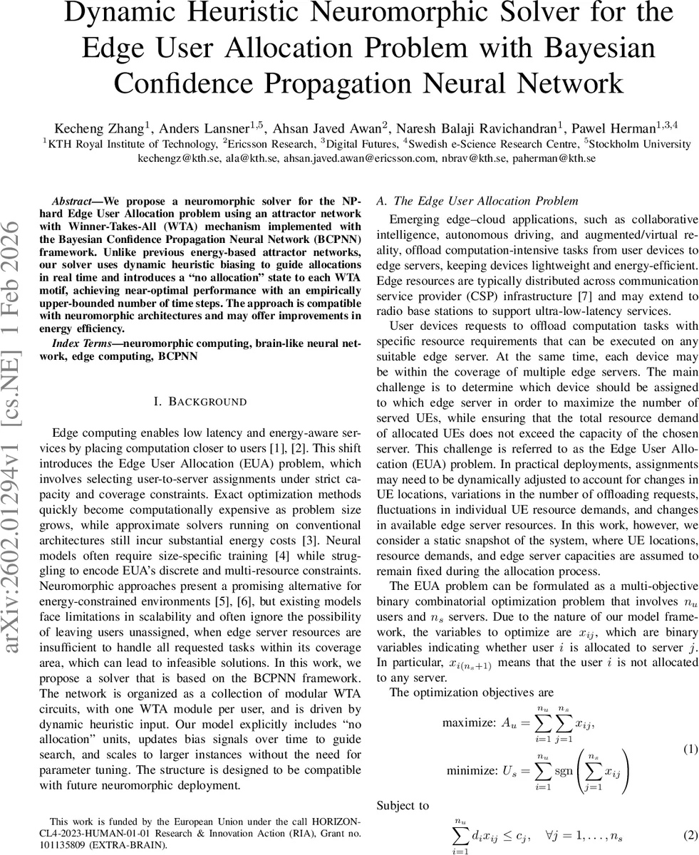 Dynamic Heuristic Neuromorphic Solver for the Edge User Allocation Problem with Bayesian Confidence Propagation Neural Network