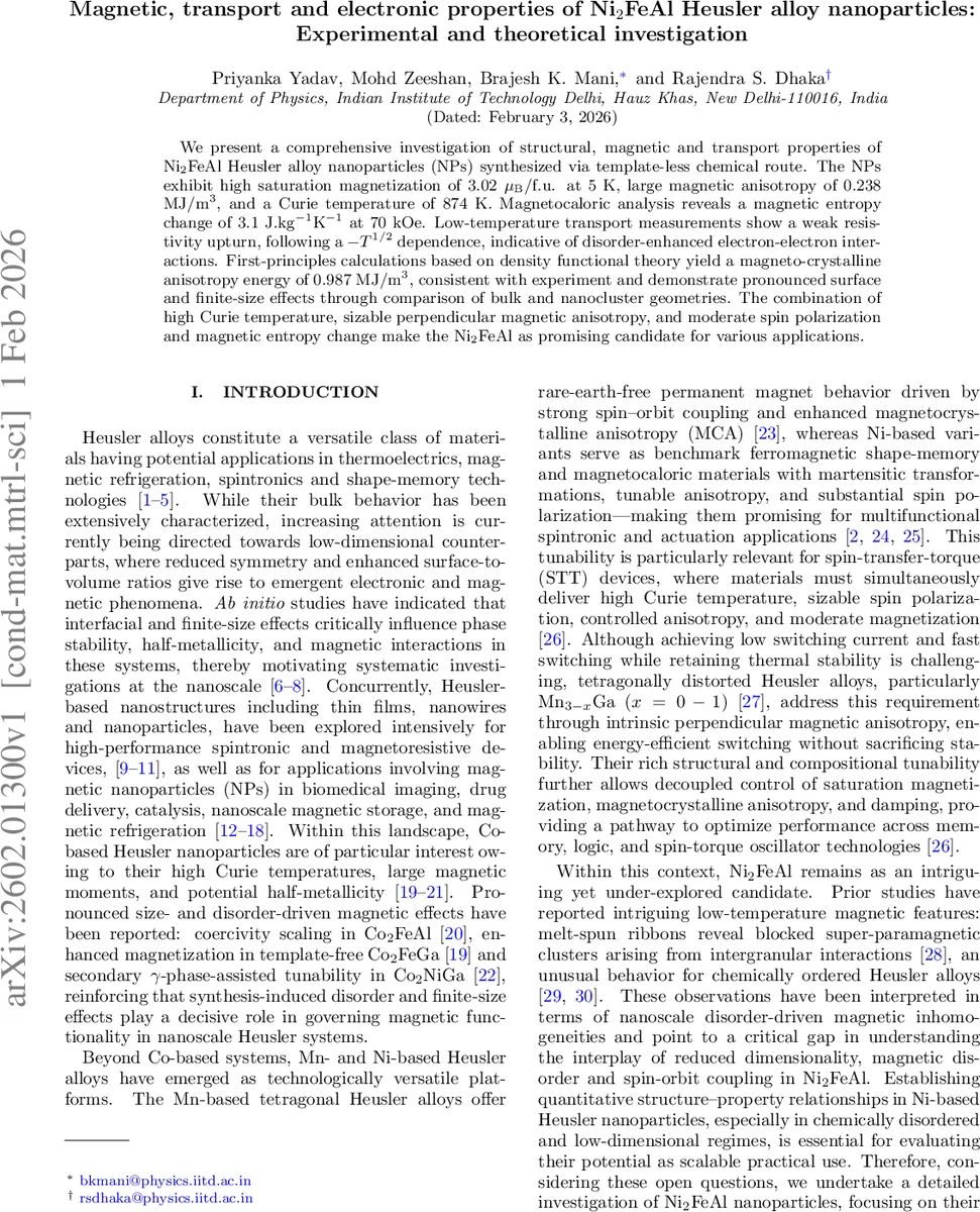 Magnetic, transport and electronic properties of Ni$_2$FeAl Heusler alloy nanoparticles: Experimental and theoretical investigation