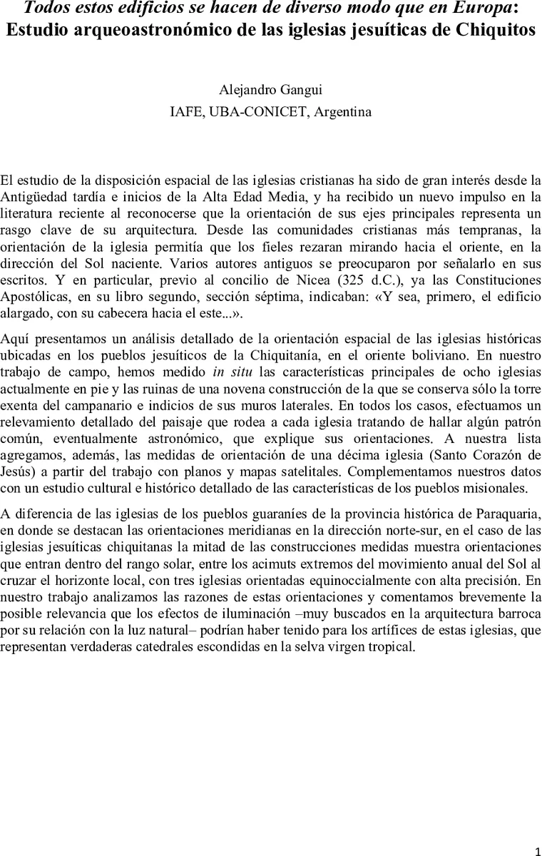 Todos estos edificios se hacen de diverso modo que en Europa: Estudio arqueoastronómico de las iglesias jesuíticas de Chiquitos
