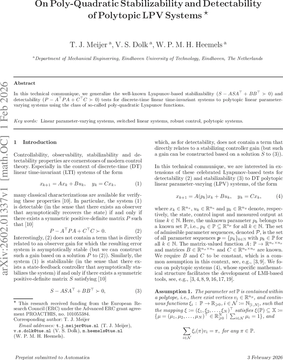 On Poly-Quadratic Stabilizability and Detectability of Polytopic LPV Systems