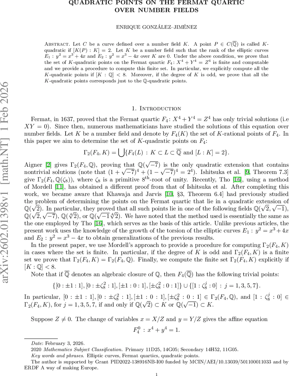 Quadratic points on the Fermat quartic over number fields