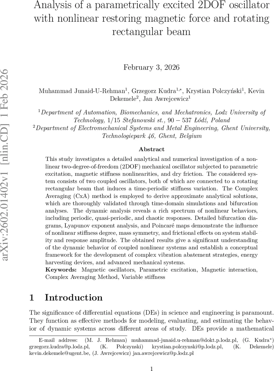 Analytical and numerical study of a parametrically excited 2DOF oscillator with nonlinear restoring magnetic force and rotating rectangular rod