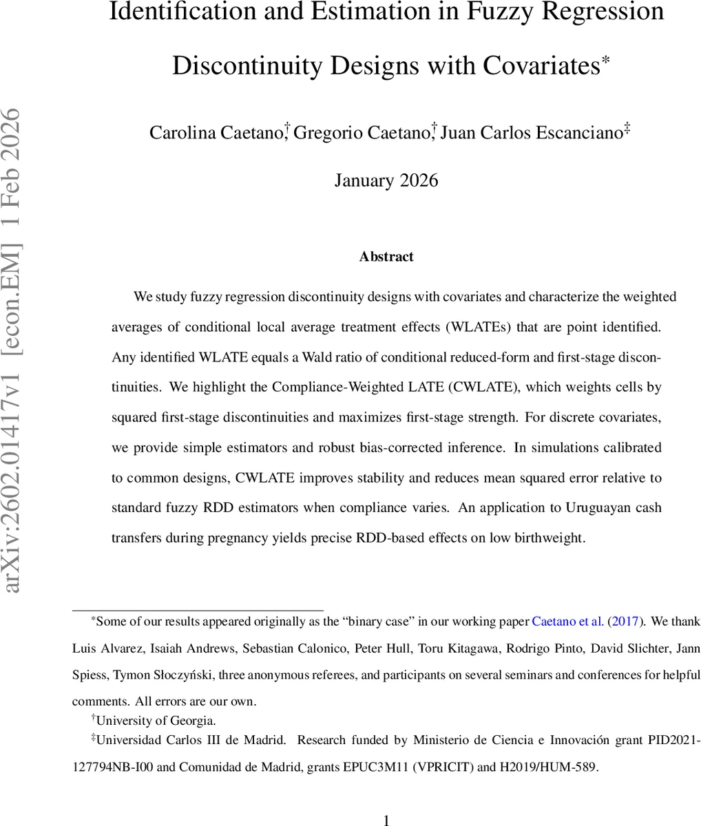 Identification and Estimation in Fuzzy Regression Discontinuity Designs with Covariates