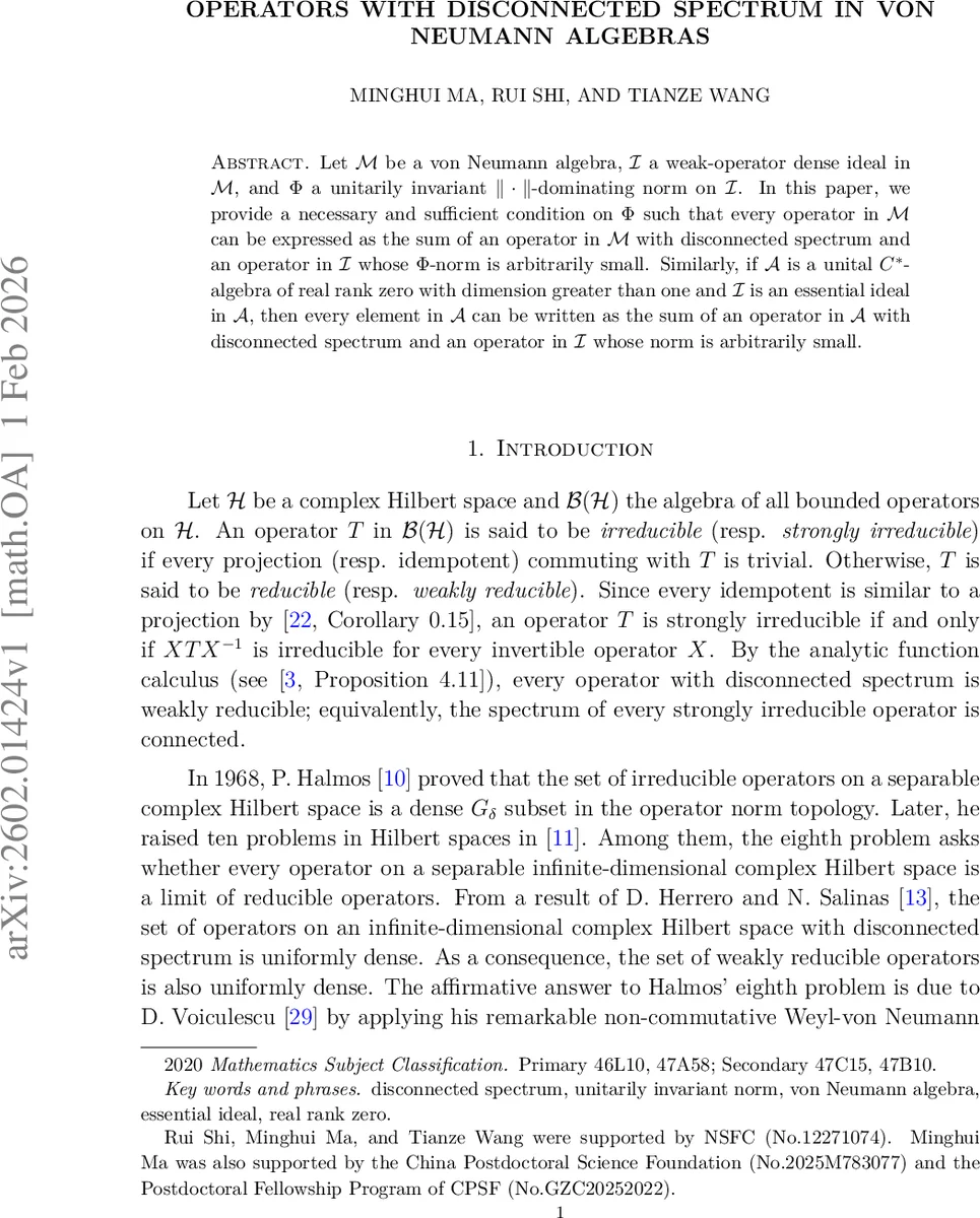 Operators with disconnected spectrum in von Neumann algebras