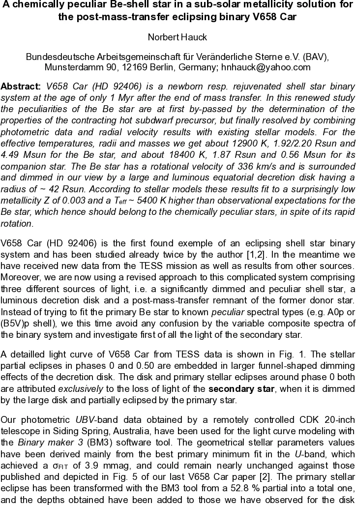 A chemically peculiar Be-shell star in a sub-solar metallicity solution for the post-mass-transfer eclipsing binary V658 Car