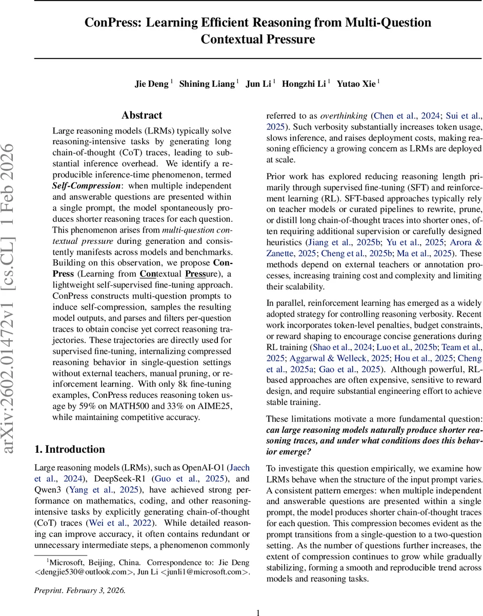 ConPress: Learning Efficient Reasoning from Multi-Question Contextual Pressure