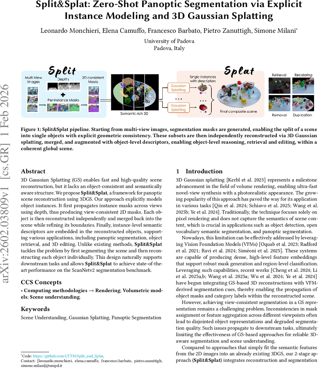 Split&Splat: Zero-Shot Panoptic Segmentation via Explicit Instance Modeling and 3D Gaussian Splatting