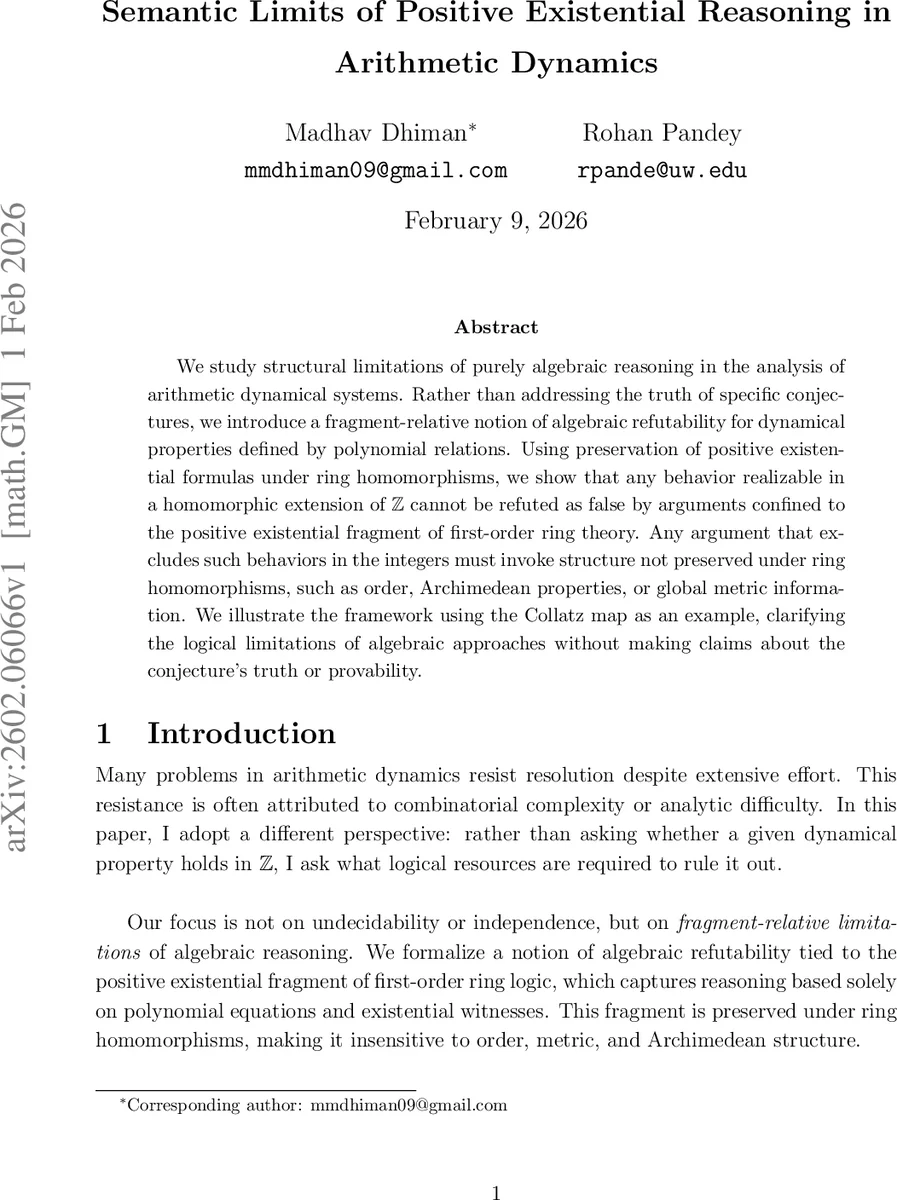 Semantic Limits of Positive Existential Reasoning in Arithmetic Dynamics