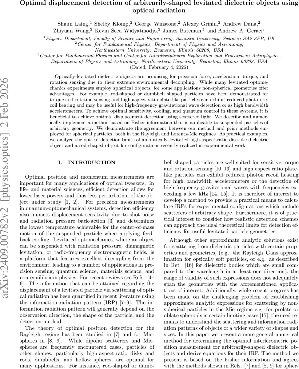 Optimal displacement detection of arbitrarily-shaped levitated dielectric objects using optical radiation