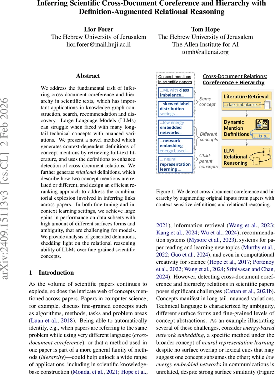 Inferring Scientific Cross-Document Coreference and Hierarchy with Definition-Augmented Relational Reasoning