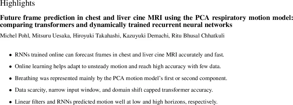 Future frame prediction in chest and liver cine MRI using the PCA respiratory motion model: comparing transformers and dynamically trained recurrent neural networks