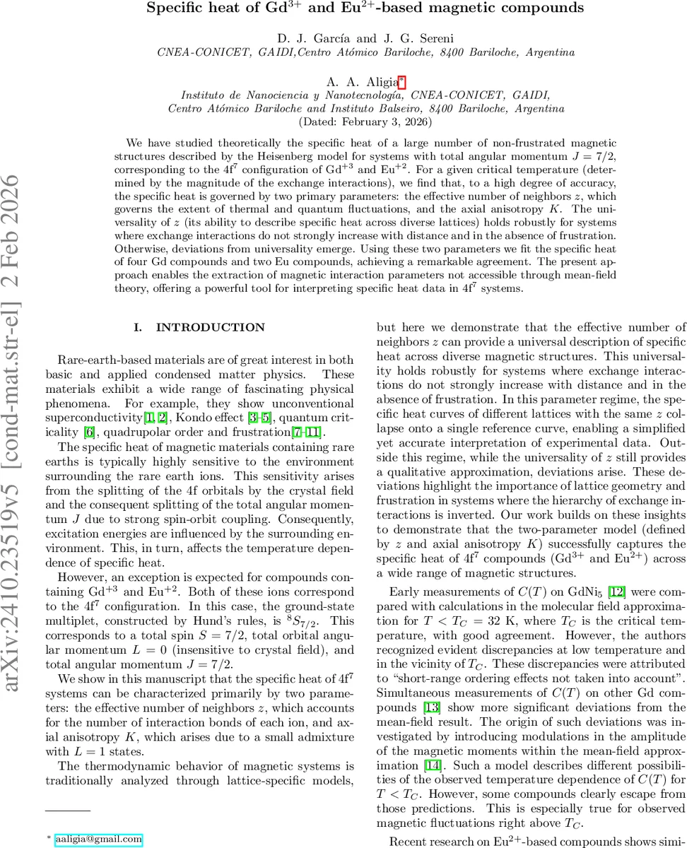 Specific heat of Gd$^{3+}$ and Eu$^{2+}$-based magnetic compounds