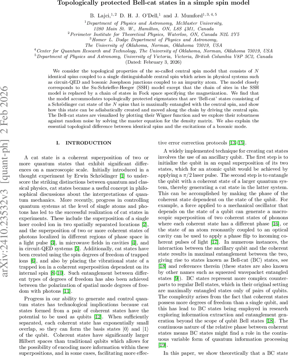Topologically protected Bell-cat states in a simple spin model