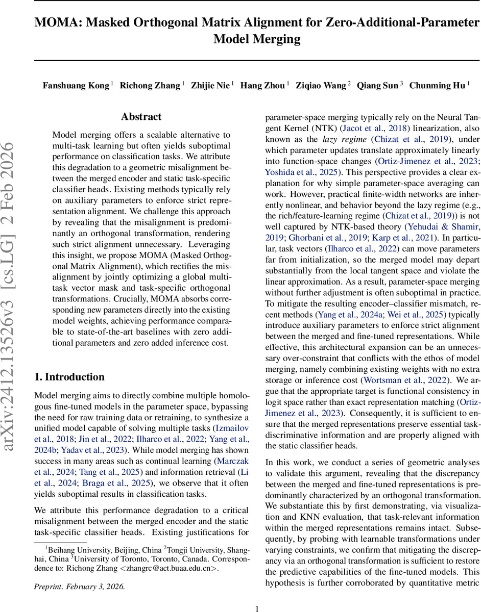 MOMA: Masked Orthogonal Matrix Alignment for Zero-Additional-Parameter Model Merging