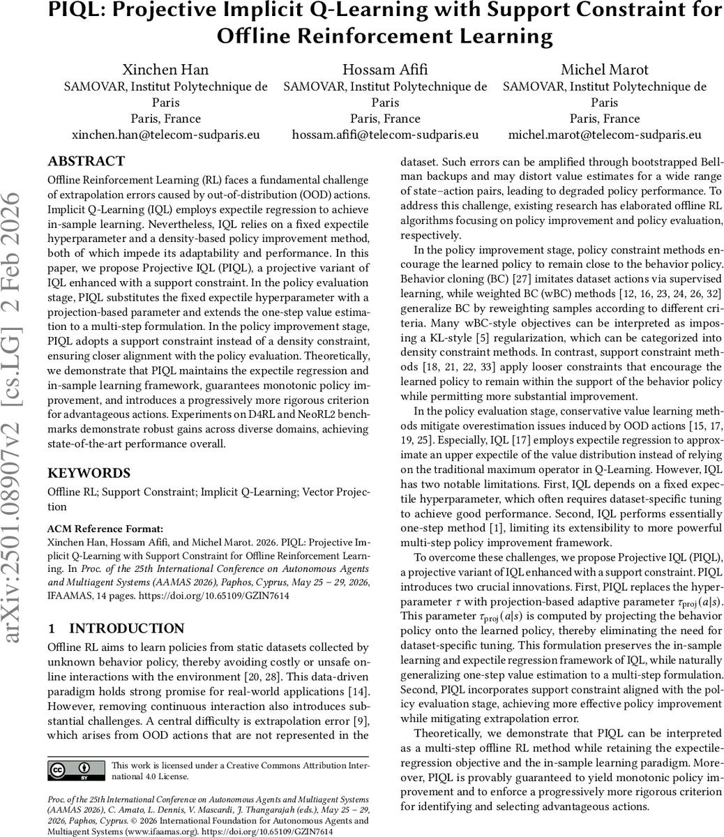 PIQL: Projective Implicit Q-Learning with Support Constraint for Offline Reinforcement Learning