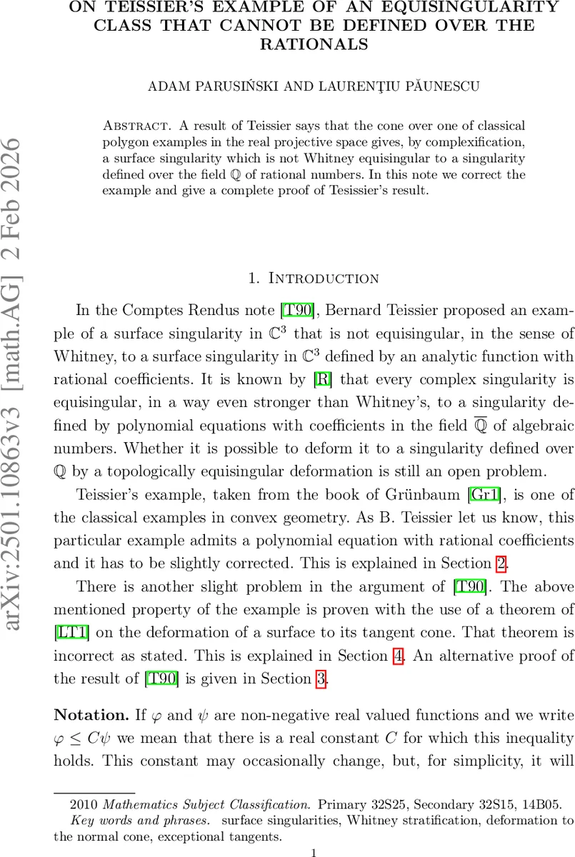 On Teissier's example of an equisingularity class that cannot be defined over the rationals