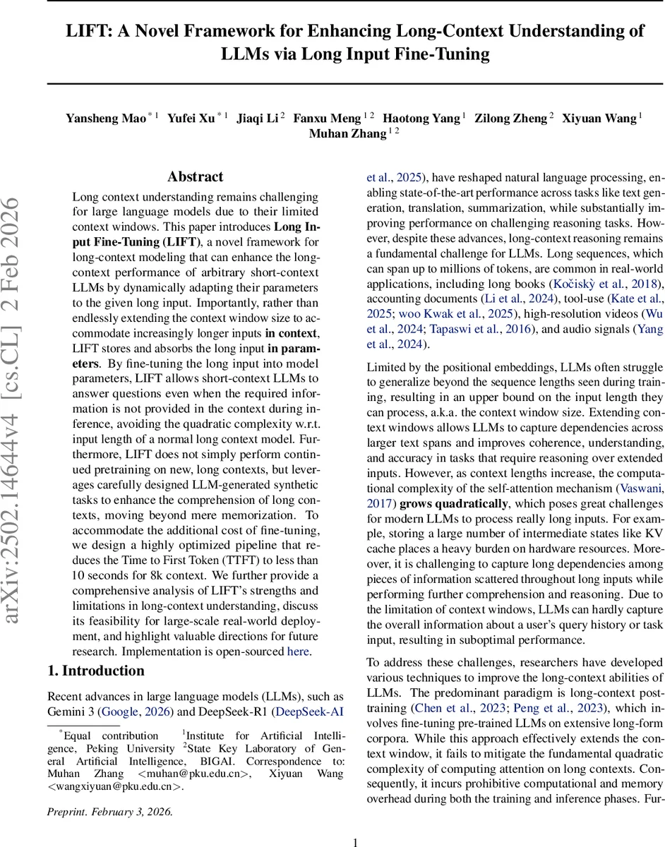 LIFT: A Novel Framework for Enhancing Long-Context Understanding of LLMs via Long Input Fine-Tuning