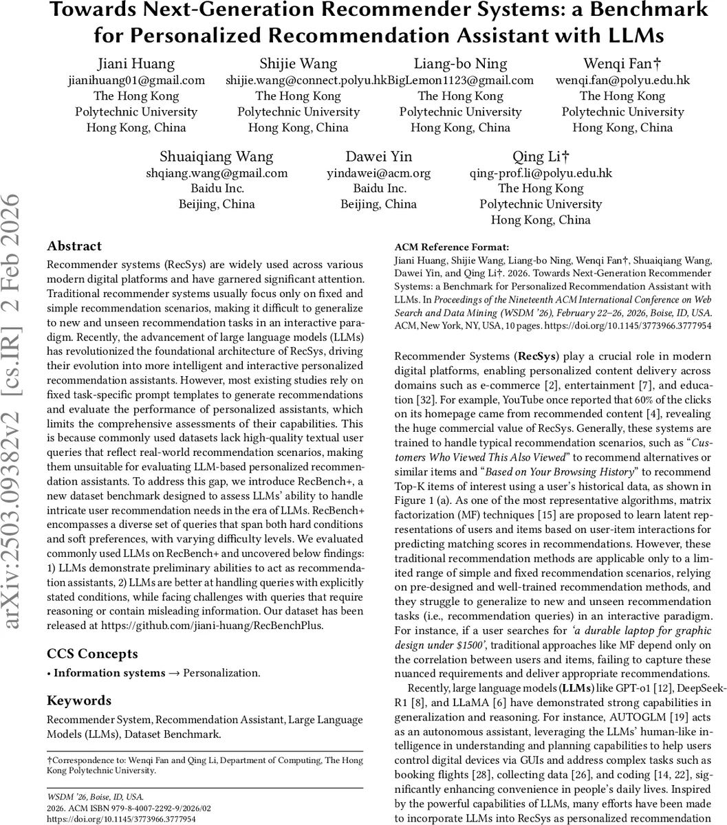Towards Next-Generation Recommender Systems: A Benchmark for Personalized Recommendation Assistant with LLMs