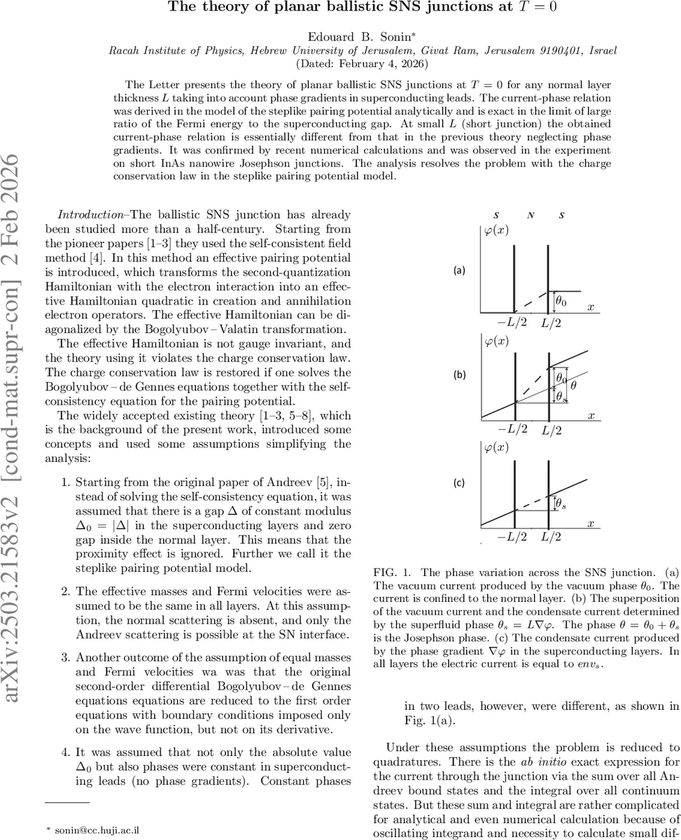 The theory of planar ballistic SNS junctions at $T=0$