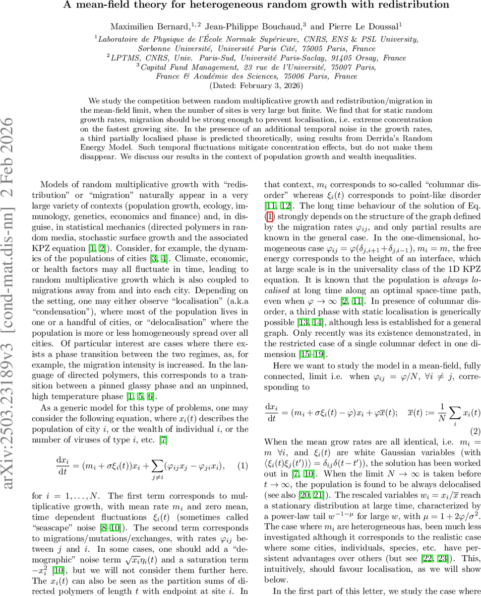 A mean-field theory for heterogeneous random growth with redistribution
