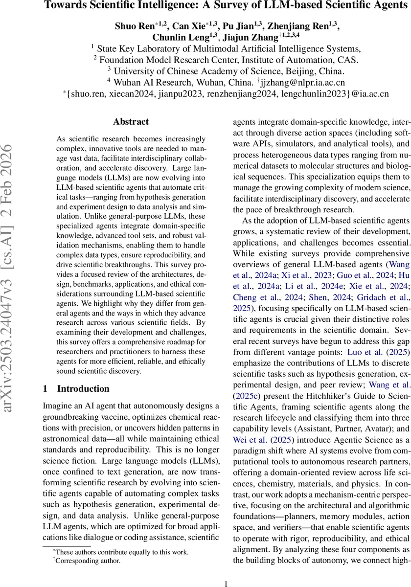 Towards Scientific Intelligence: A Survey of LLM-based Scientific Agents