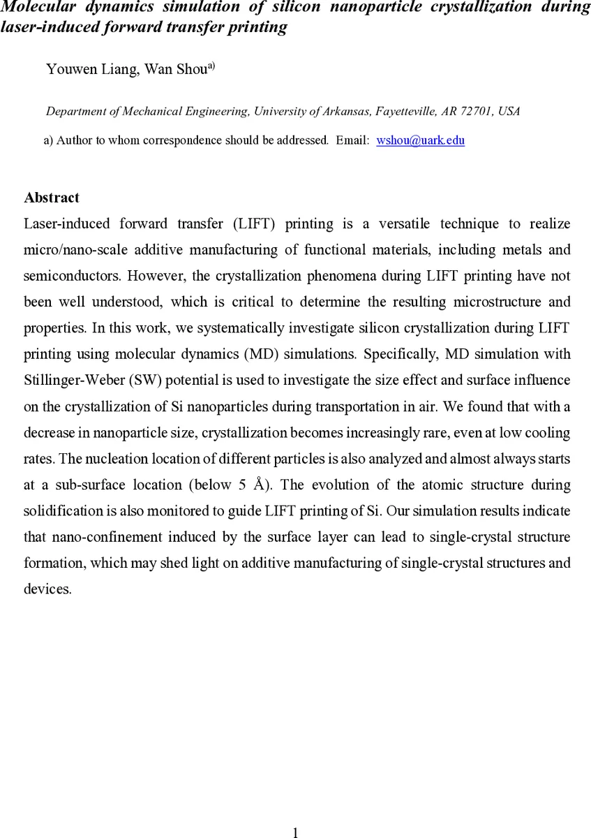 Molecular dynamics simulation of silicon nanoparticle crystallization during laser-induced forward transfer printing
