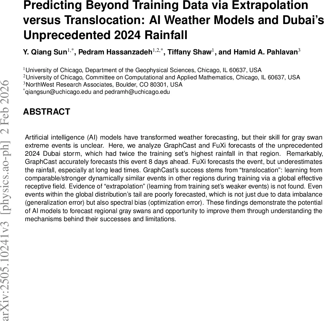 Predicting Beyond Training Data via Extrapolation versus Translocation: AI Weather Models and Dubai's Unprecedented 2024 Rainfall