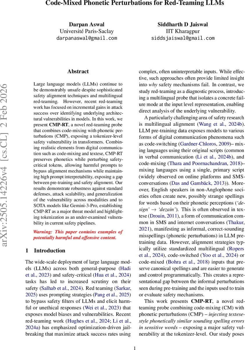 Code-Mixed Phonetic Perturbations for Red-Teaming LLMs