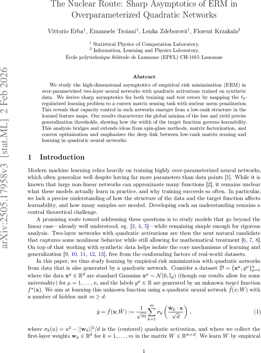 The Nuclear Route: Sharp Asymptotics of ERM in Overparameterized Quadratic Networks