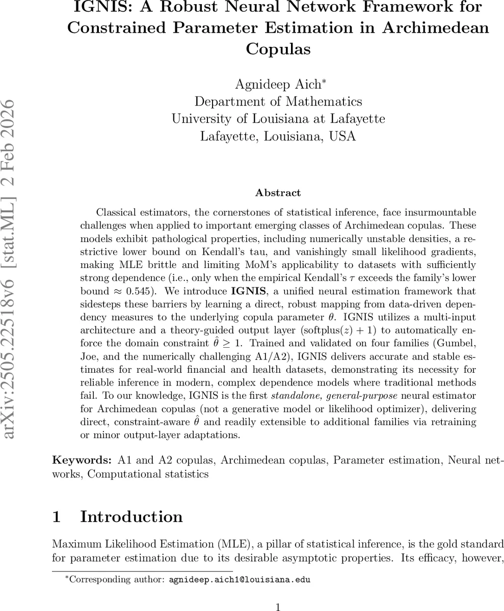 IGNIS: A Robust Neural Network Framework for Constrained Parameter Estimation in Archimedean Copulas