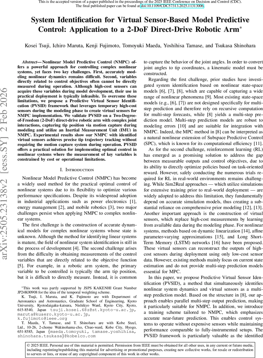 System Identification for Virtual Sensor-Based Model Predictive Control: Application to a 2-DoF Direct-Drive Robotic Arm