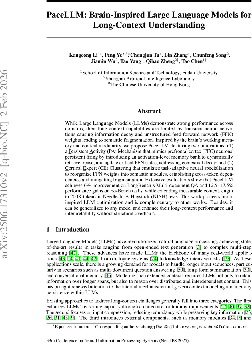 PaceLLM: Brain-Inspired Large Language Models for Long-Context Understanding