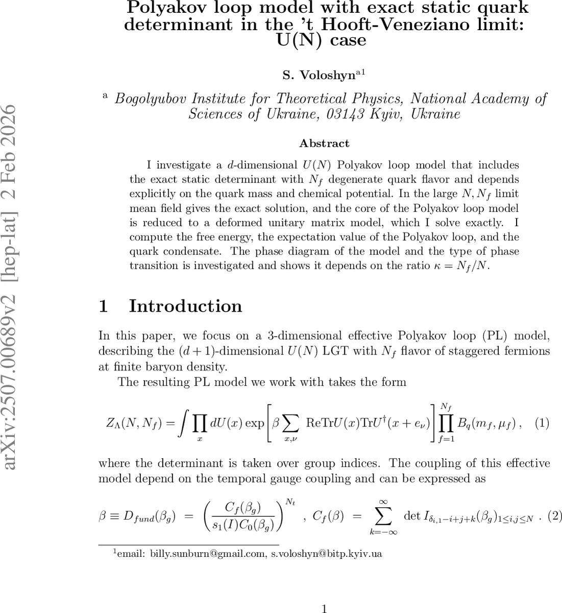 Polyakov loop model with exact static quark determinant in the 't Hooft-Veneziano limit: U(N) case