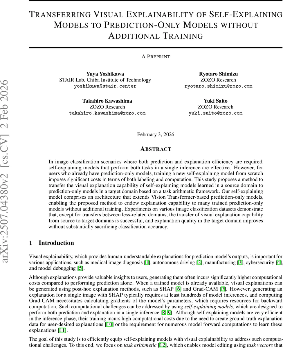 Transferring Visual Explainability of Self-Explaining Models to Prediction-Only Models without Additional Training