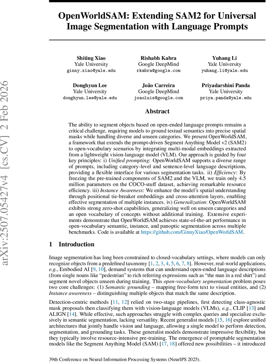 OpenWorldSAM: Extending SAM2 for Universal Image Segmentation with Language Prompts