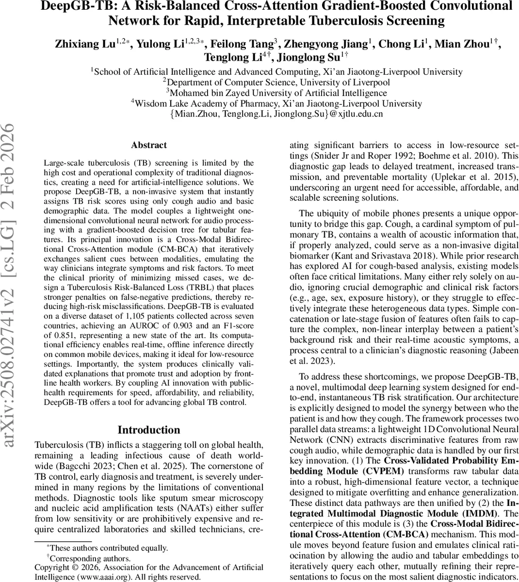 DeepGB-TB: A Risk-Balanced Cross-Attention Gradient-Boosted Convolutional Network for Rapid, Interpretable Tuberculosis Screening