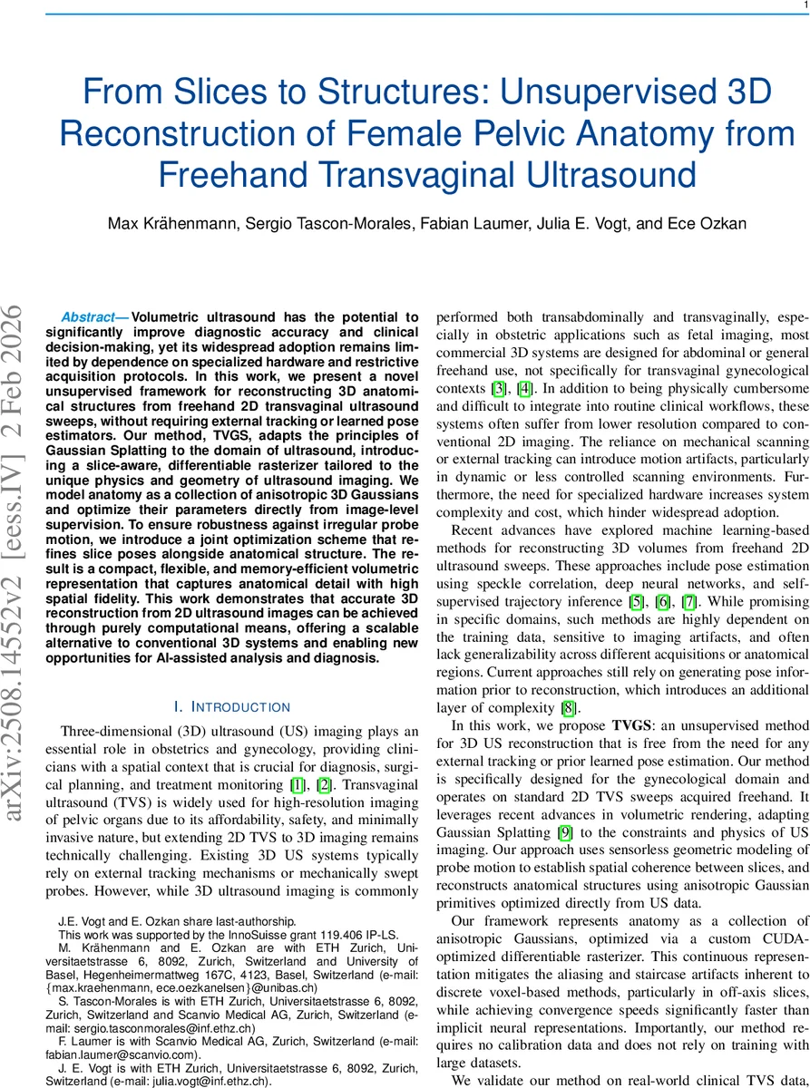 From Slices to Structures: Unsupervised 3D Reconstruction of Female Pelvic Anatomy from Freehand Transvaginal Ultrasound
